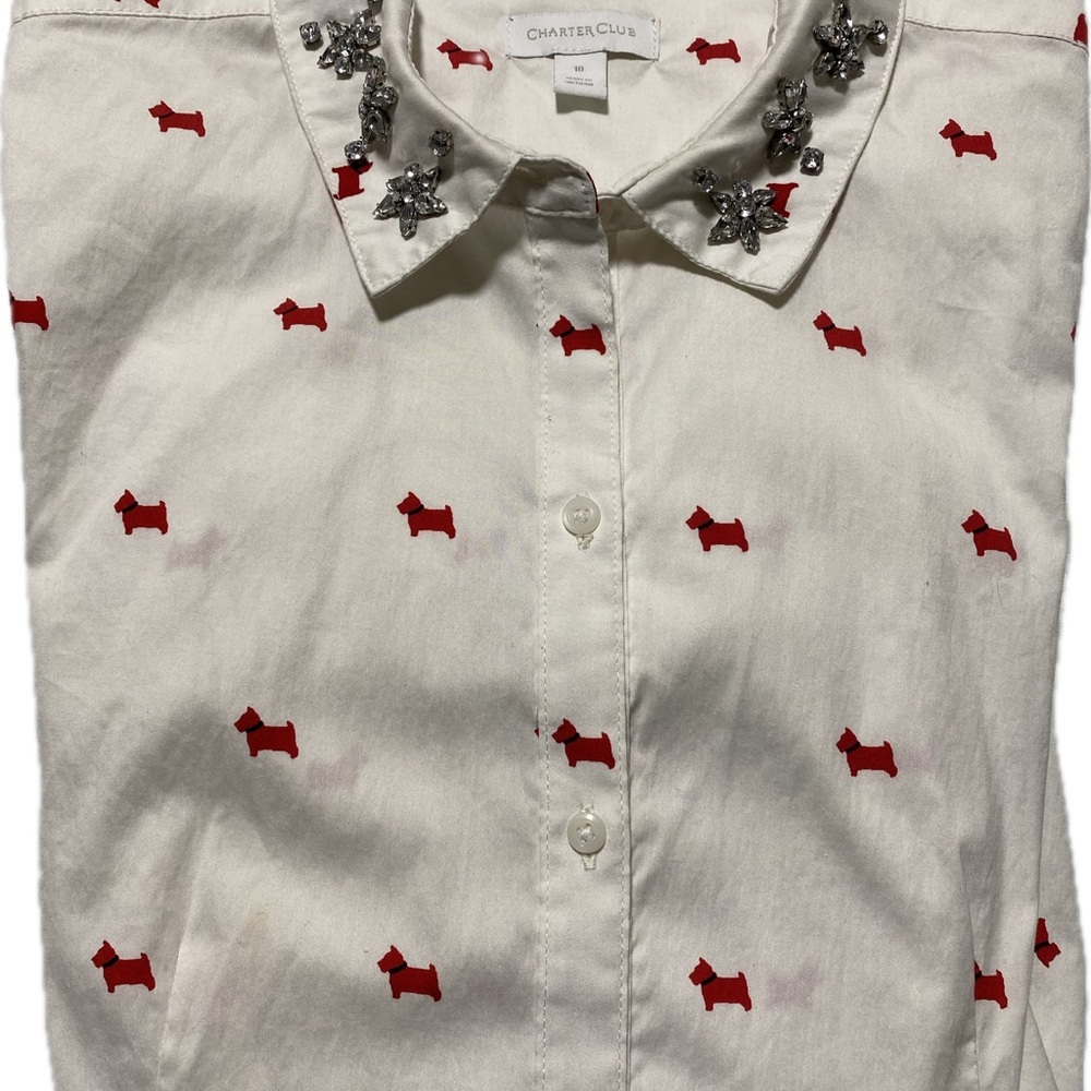 Charter Club White Button-Down with Red Scotty Dog Print and Jeweled Collar